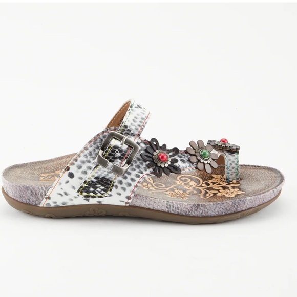 L’Artiste Kindness Gray/White Leather Floral Toe Ring Slide Comfort Sandal NWOB - Picture 2 of 10